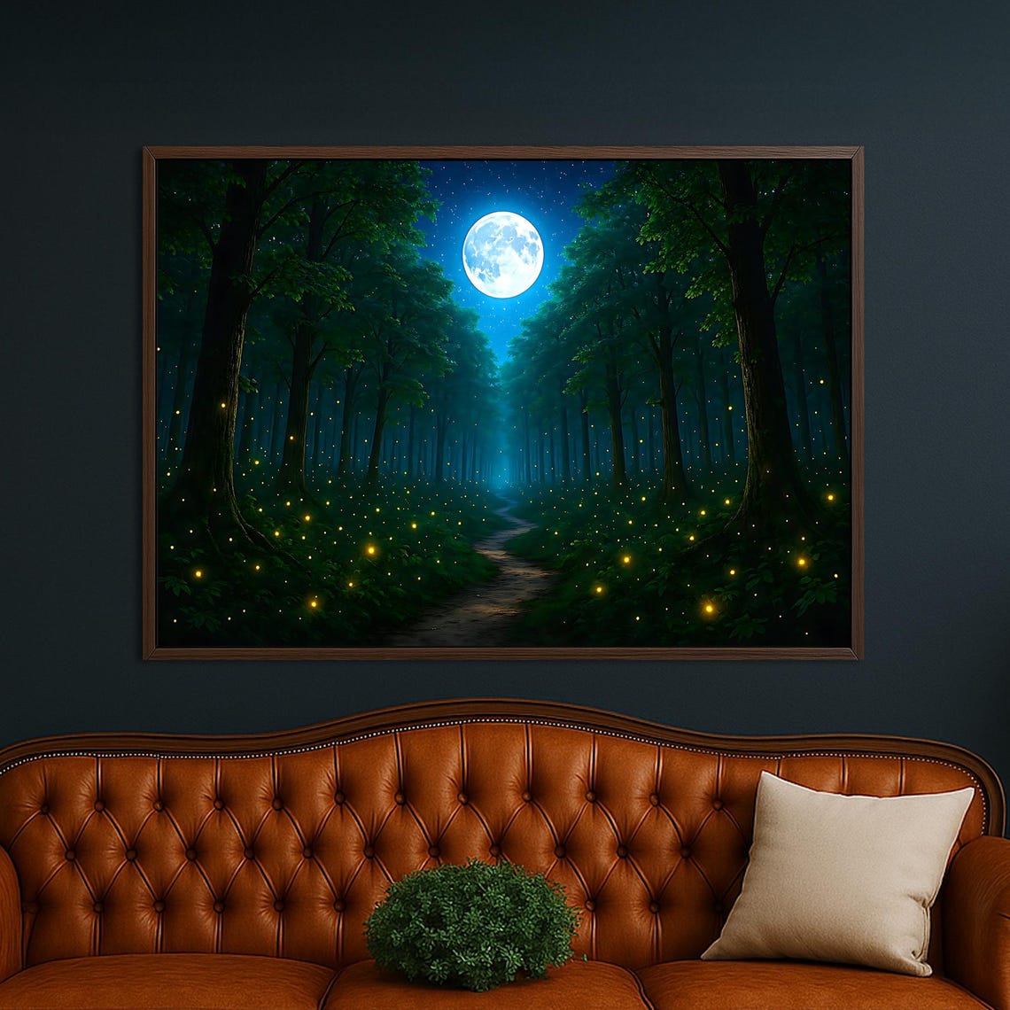 Magical Moonlit Forest Path Canvas Firefly Night Sky Wall Art Decor
