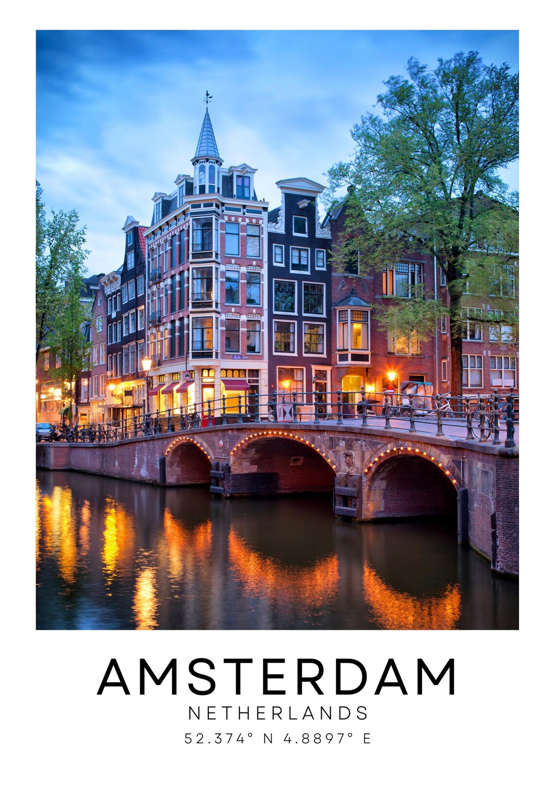 Historic Amsterdam Netherlands Canal Bridge Evening Lights Poster