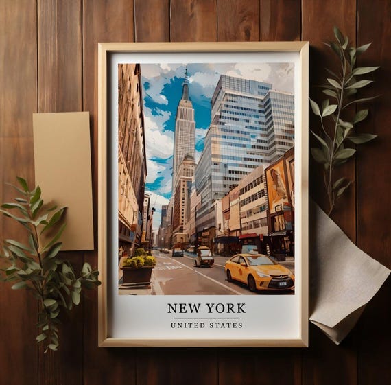 Watercolour New York City Print Retro Yellow Cab Travel Poster