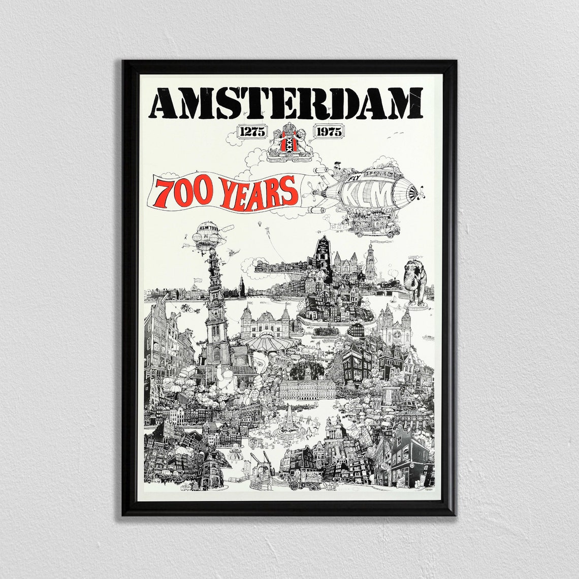 Amsterdam 700 Years 1275 1975 KLM Cityscape Vintage Line Art Poster