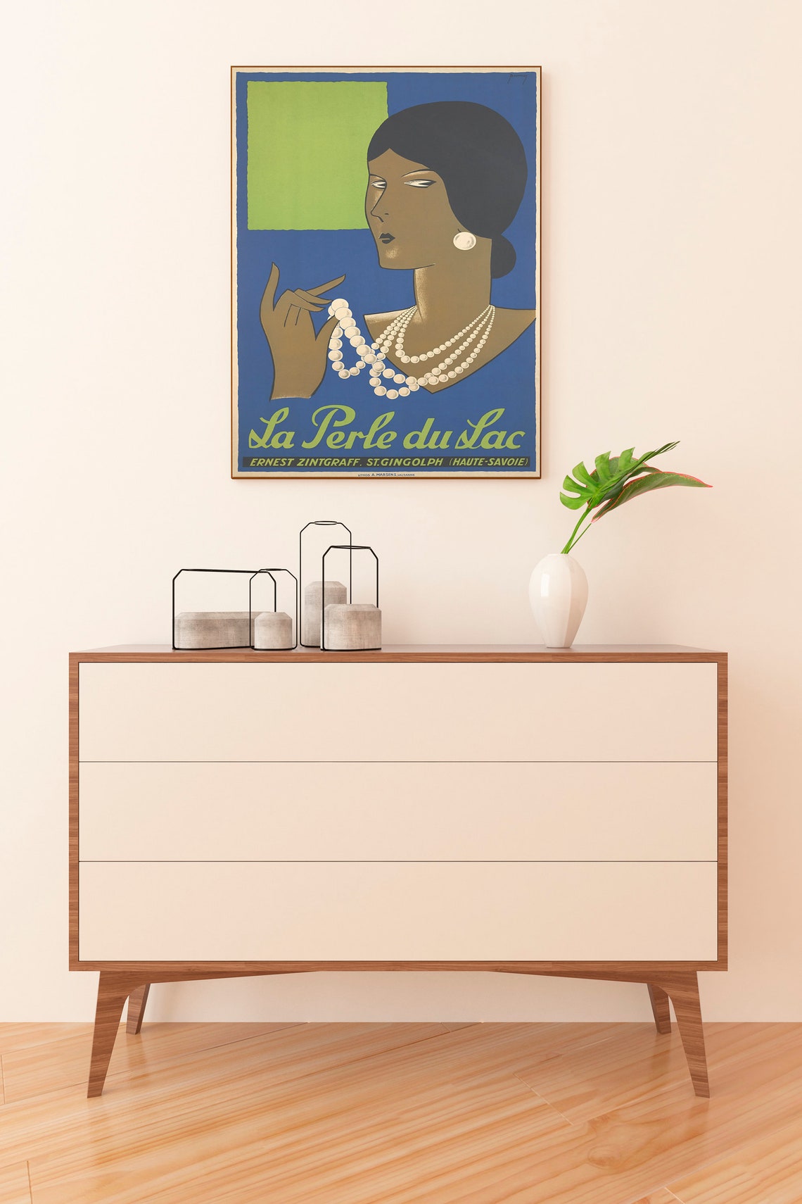 La Perle Du Lac Art Deco Pearl Necklace Jewelry Vintage French Poster - Image 2