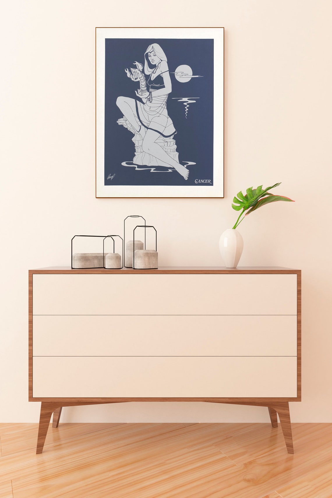 Cancer Zodiac Sign Woman Crab Moon Silver Line Art Navy Poster - Image 3