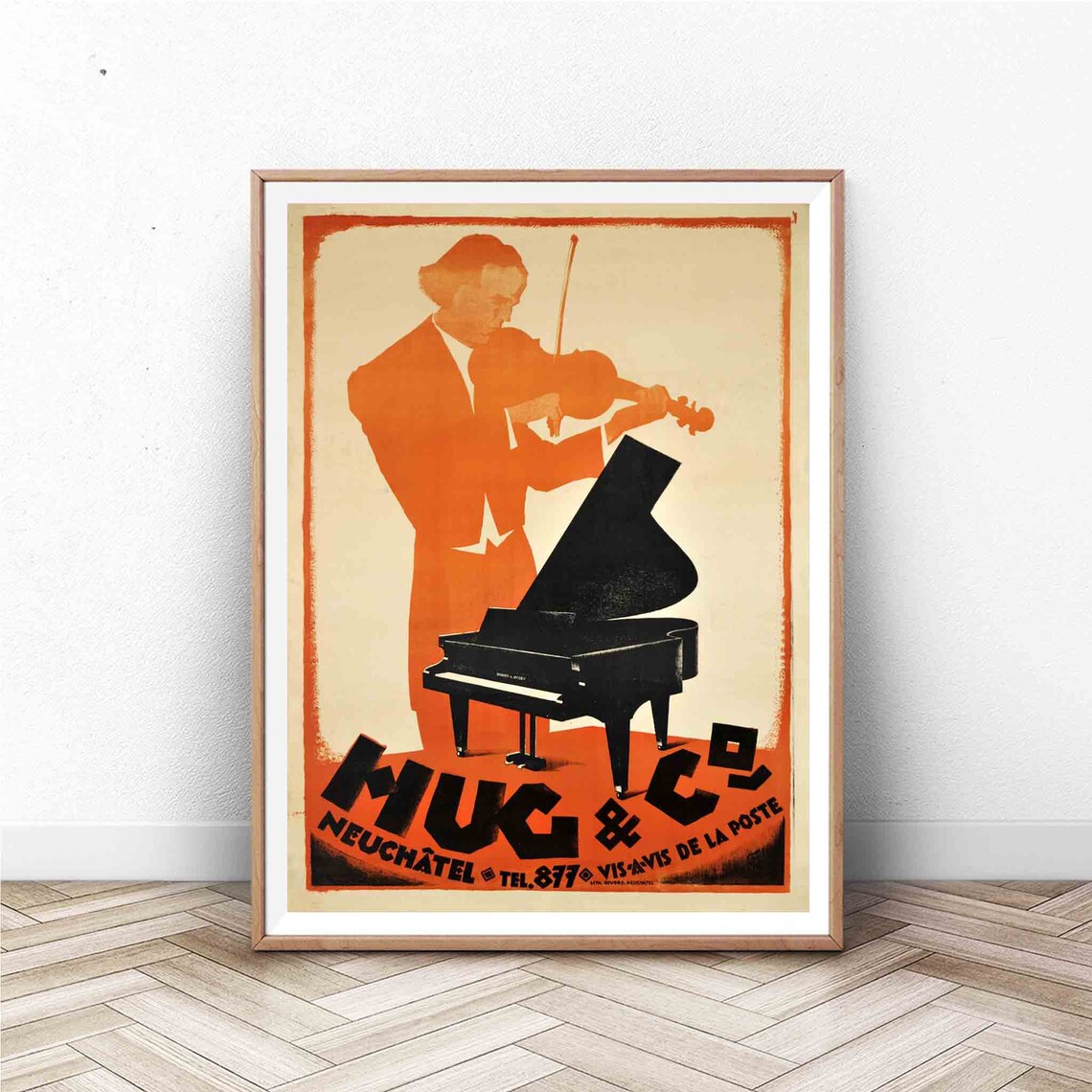 Hug Cie Piano Violin Vintage Swiss Music Store Advert Poster
