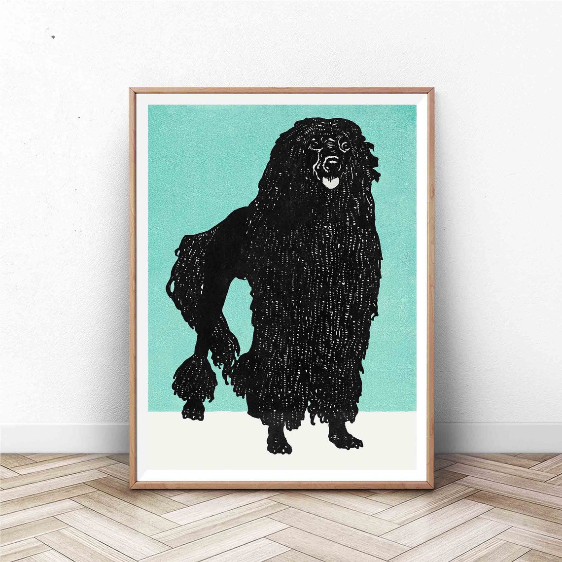 Black Poodle Dog Portrait Vintage Breed Illustration Turquoise Poster