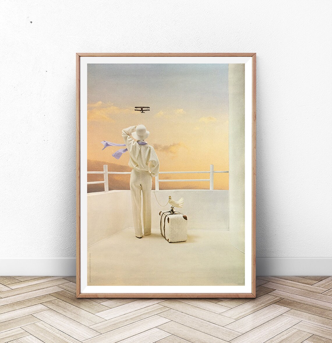 Surreal Woman In White Terrace Sunset Biplane Voyage Art Poster