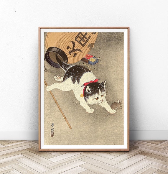 Cat Print Japan Wood Block Art Print, Mt Fuji