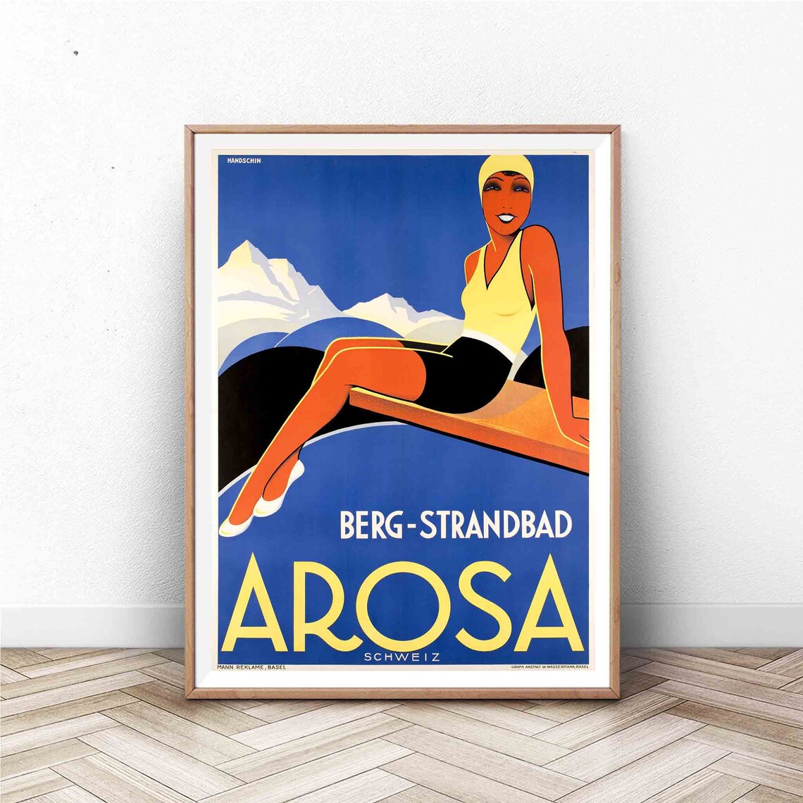 Berg Strandbad Arosa Schweiz Vintage Swiss Swimsuit Travel Poster