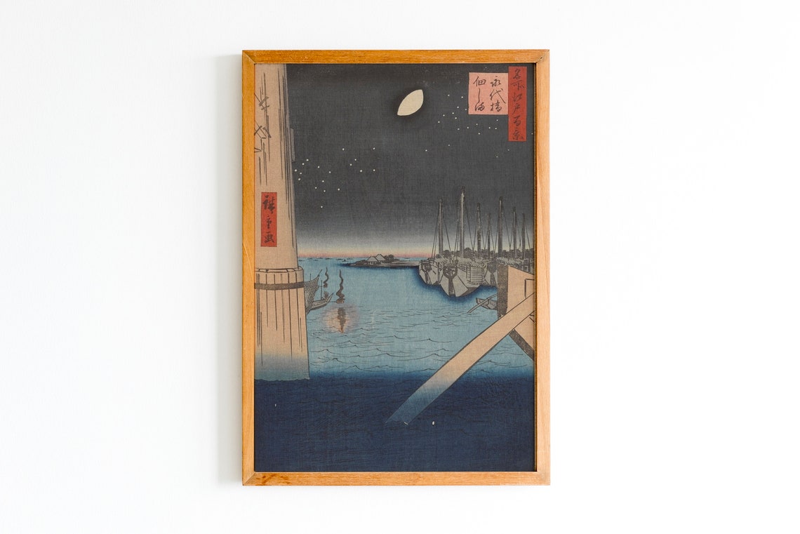 Japanese Woodblock Night Harbor Boats Moonlit Ukiyo E Art Print