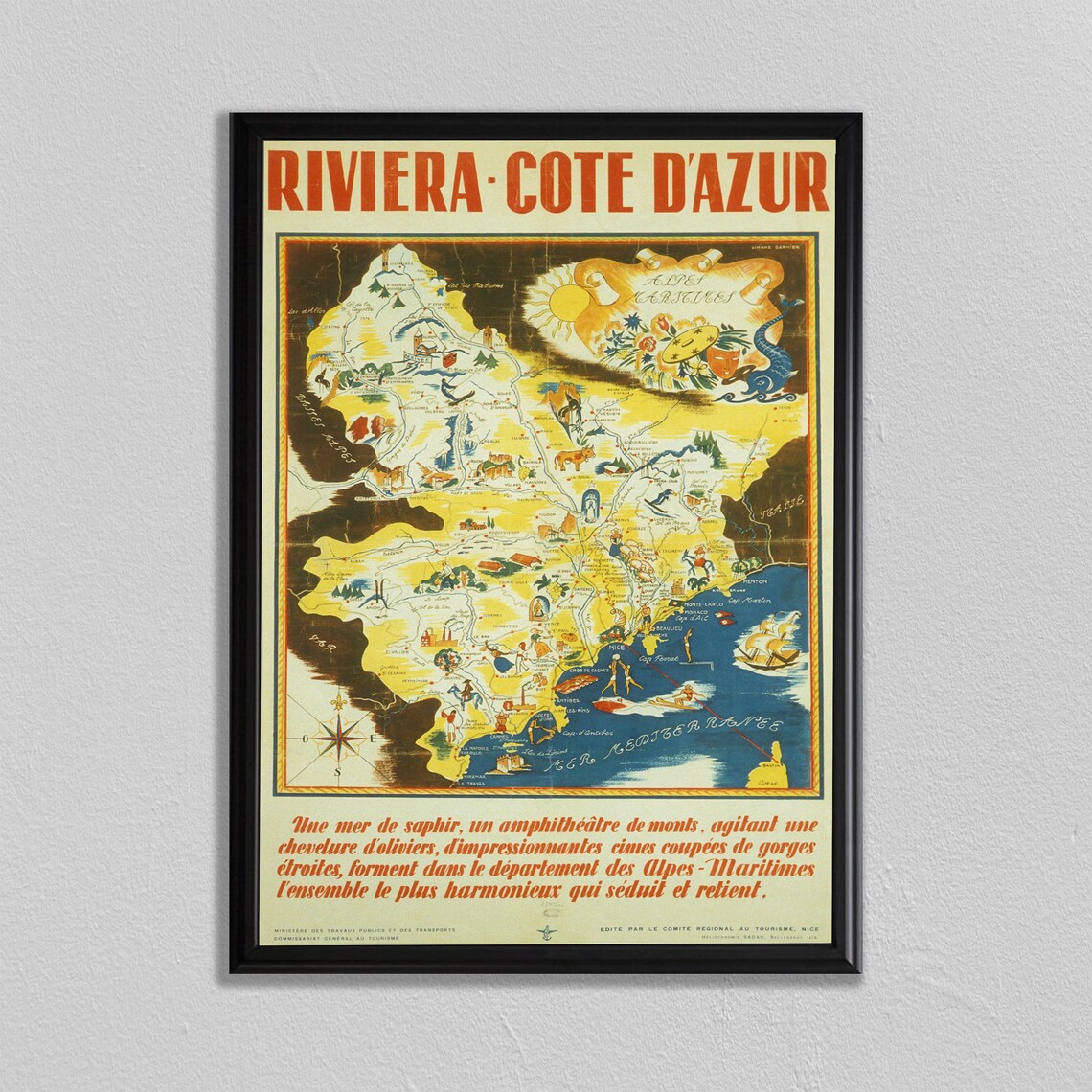 Cote D'Azur Vintage Travel Poster, France Wall Decor