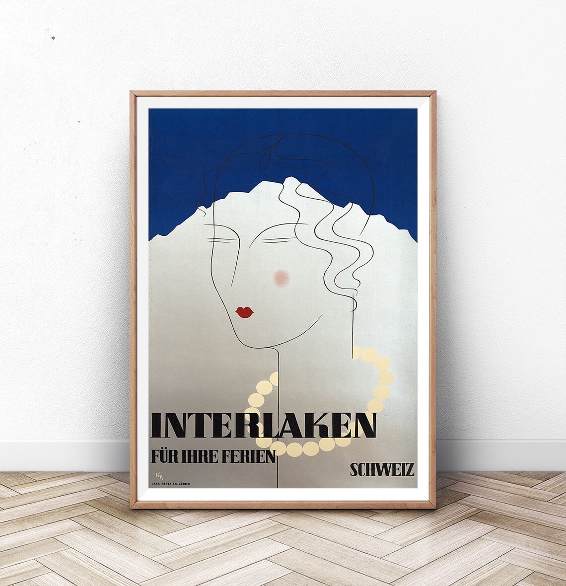 Interlaken Switzerland Art Deco Pearl Woman Vintage Travel Poster