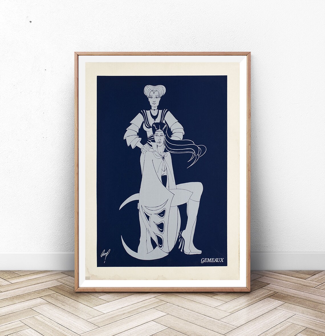 Gemeaux Gemini Zodiac Vintage Astrology Twin Women Navy Art Poster