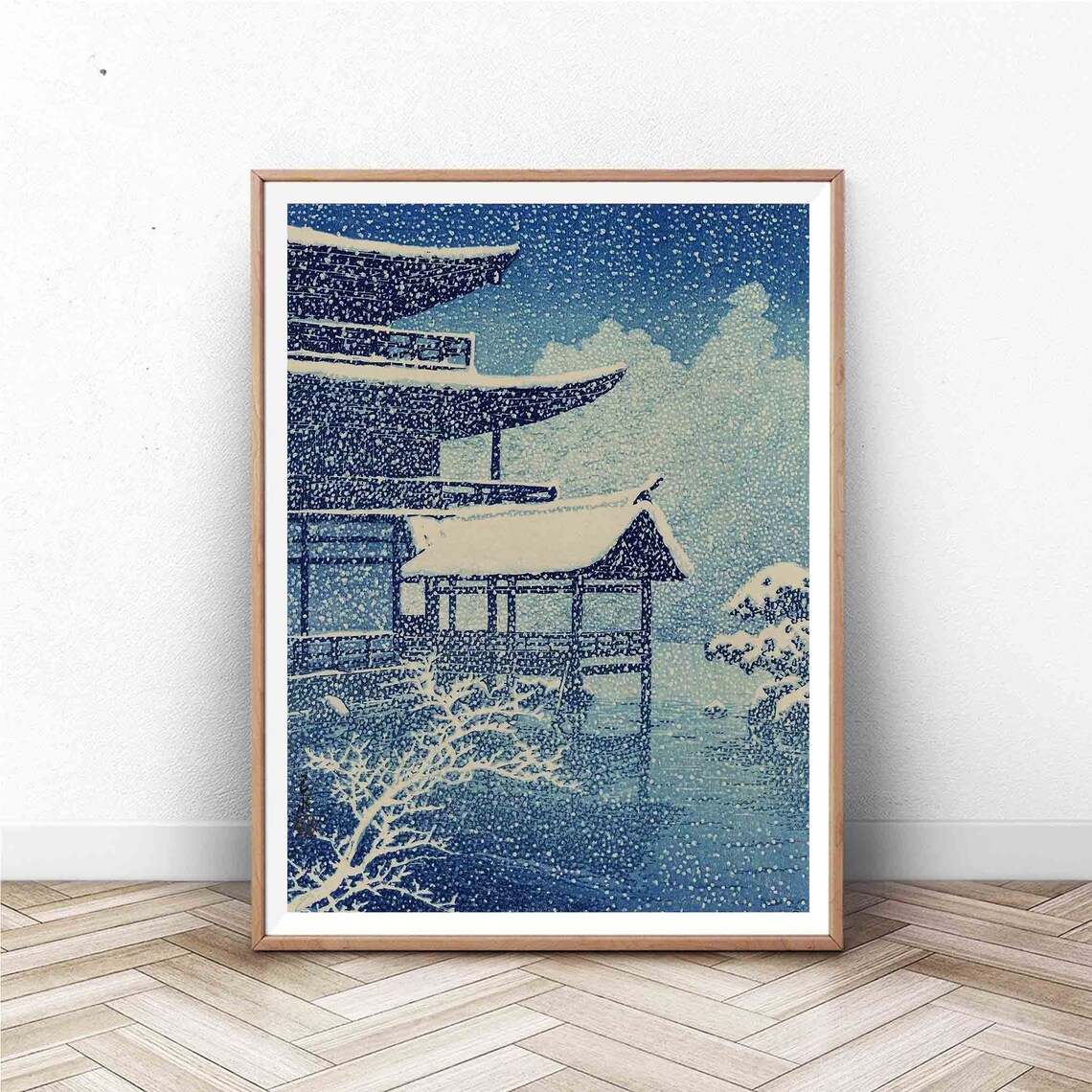 Snowy Japanese Temple Pagoda Falling Snow Woodblock Art Print