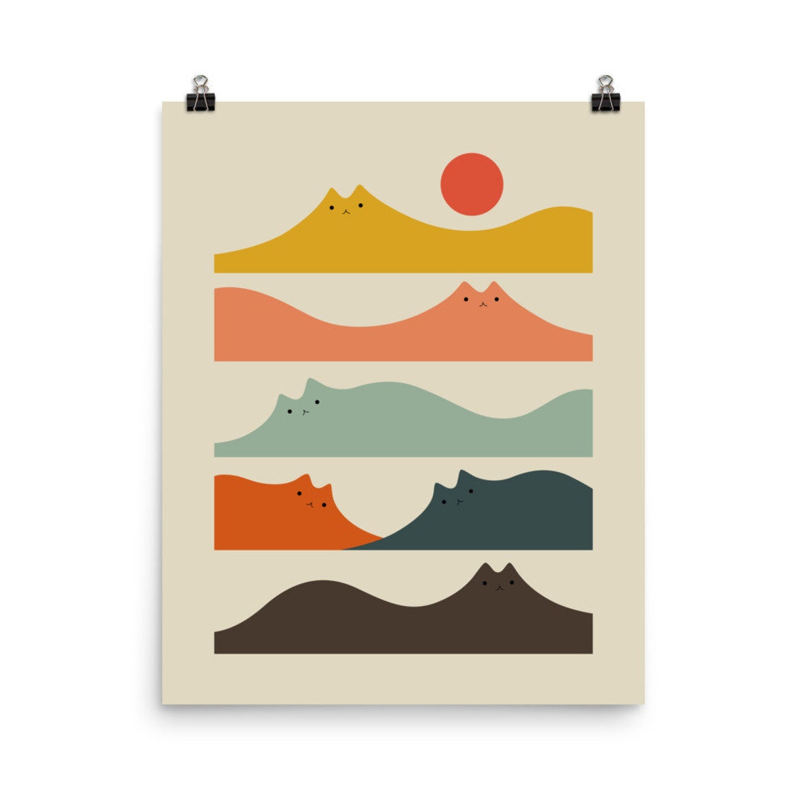 Abstract Cat Peaks Rolling Hills Red Sun Minimalist Cat Art Poster