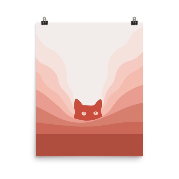 Minimalist Red Cat Peeking Abstract Waves Modern Terracotta Poster