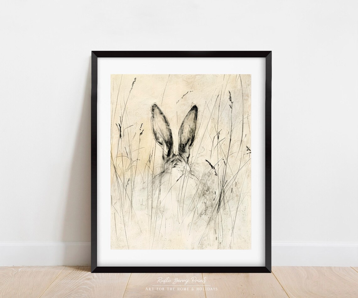 Rabbit Ears Peeking Through Tall Grasses Antique Sketch Neutral Print - Image 3