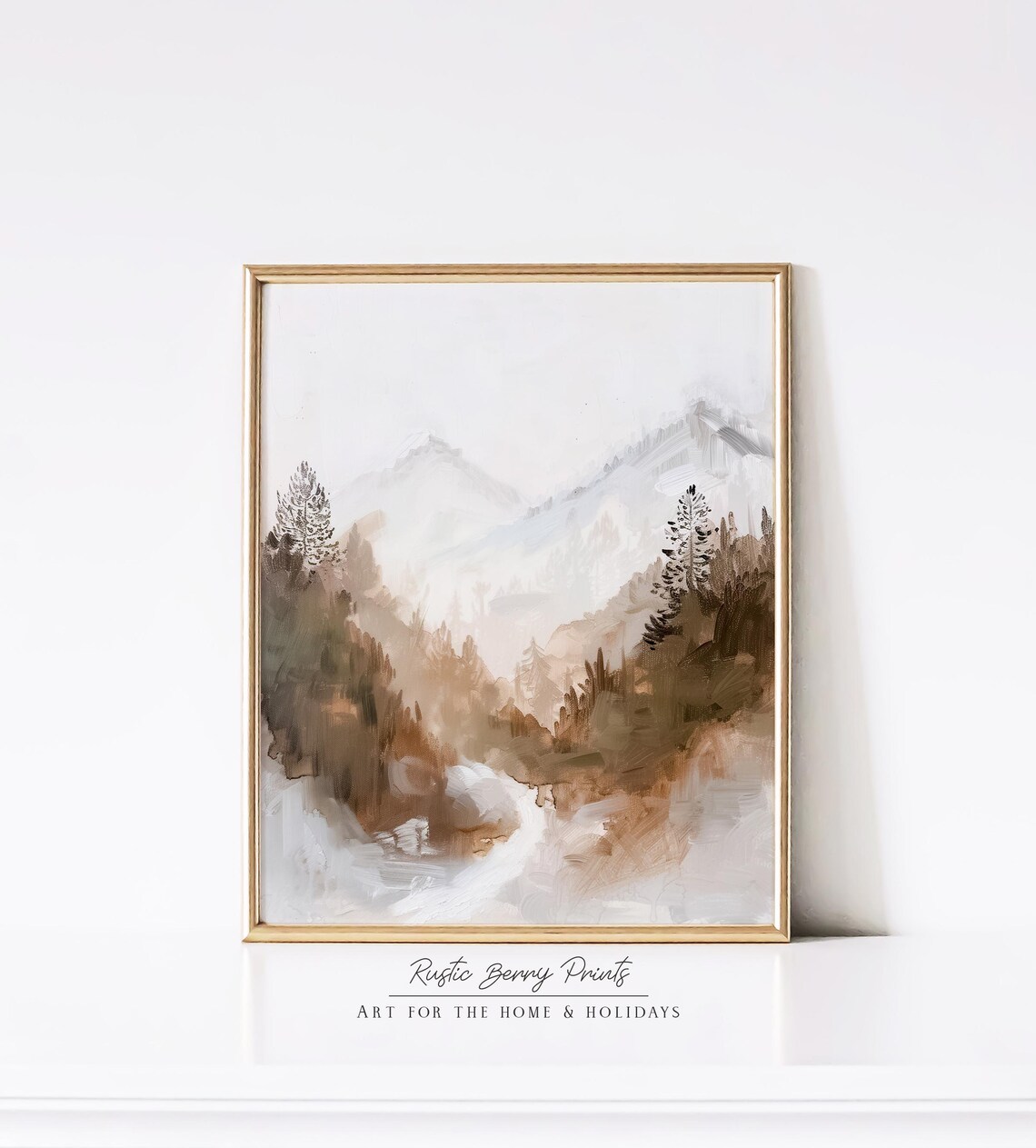Misty Foggy Mountain Valley Road Pine Forest Watercolor Art Print - Image 2