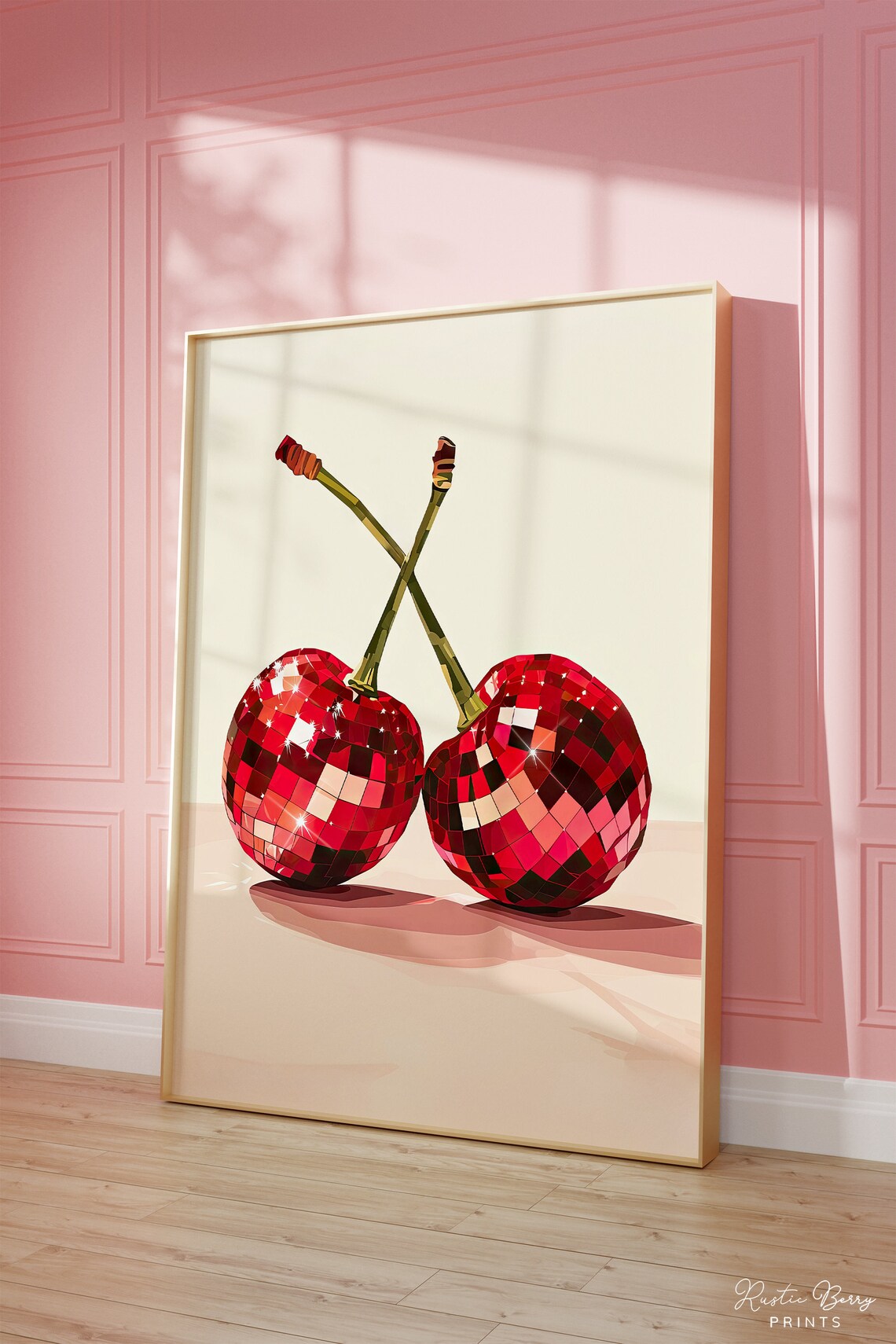 Disco Ball Cherries Red Mosaic Retro Trendy Preppy Kitchen Wall Art