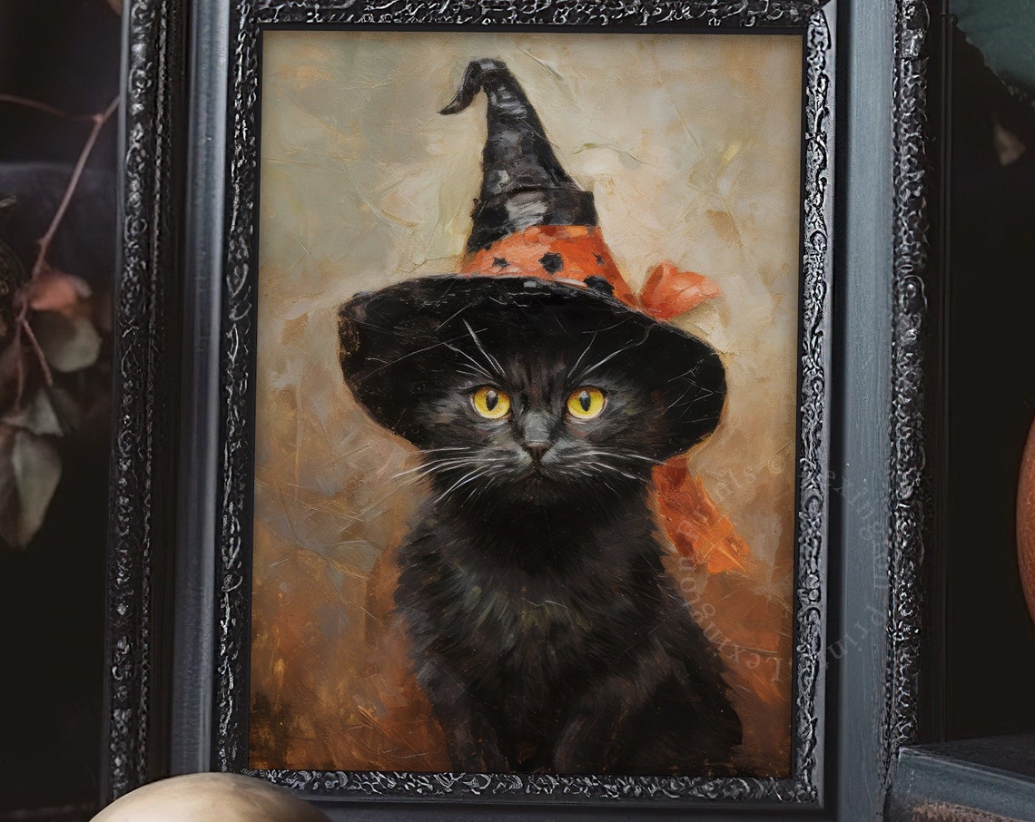 Black Cat With Yellow Eyes Wearing Witch Hat With Orange Bow Poster