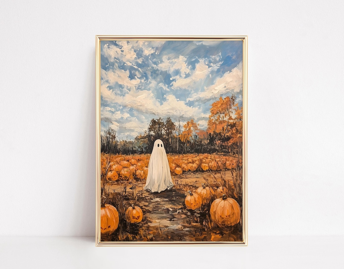Ghost In Pumpkin Patch, Spooky Autumn Poster