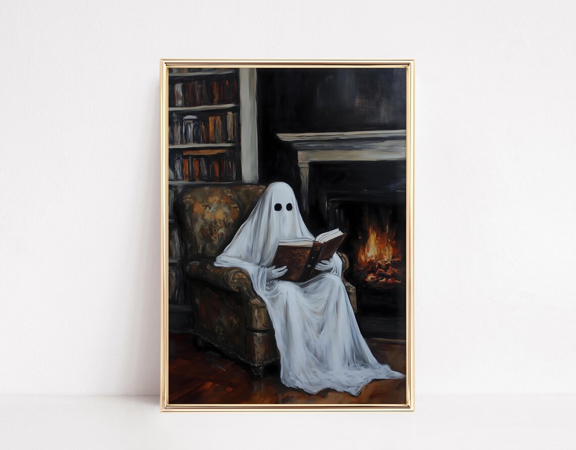 Ghost Reading Book Halloween Decor Art Print