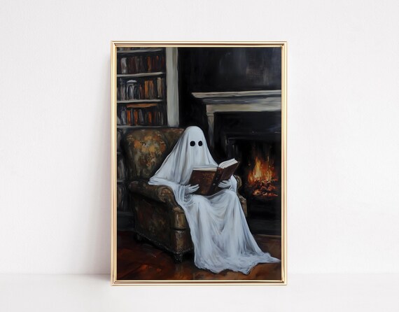 Ghost Reading Book Halloween Decor Art Print