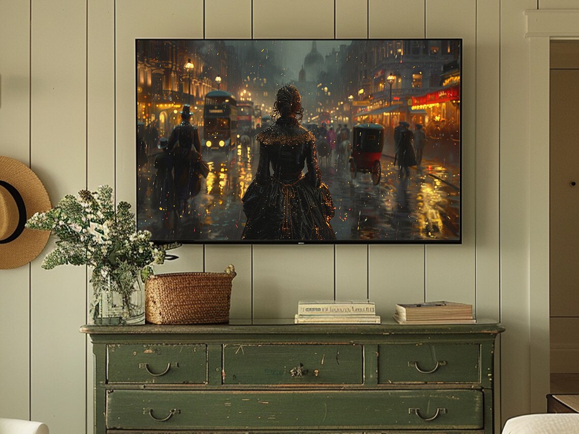 Victorian Woman Rainy London Street Night Carriage Lights Art Poster - Image 3