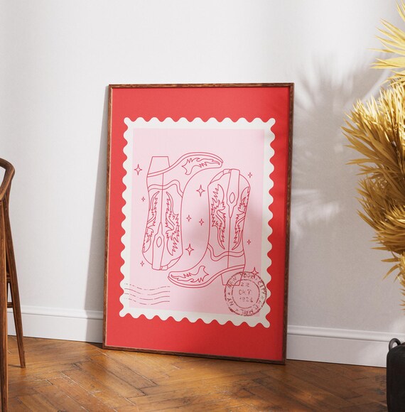 Pink Cowboy Boots Postage Stamp Trendy Western Coastal Wall Art Poster