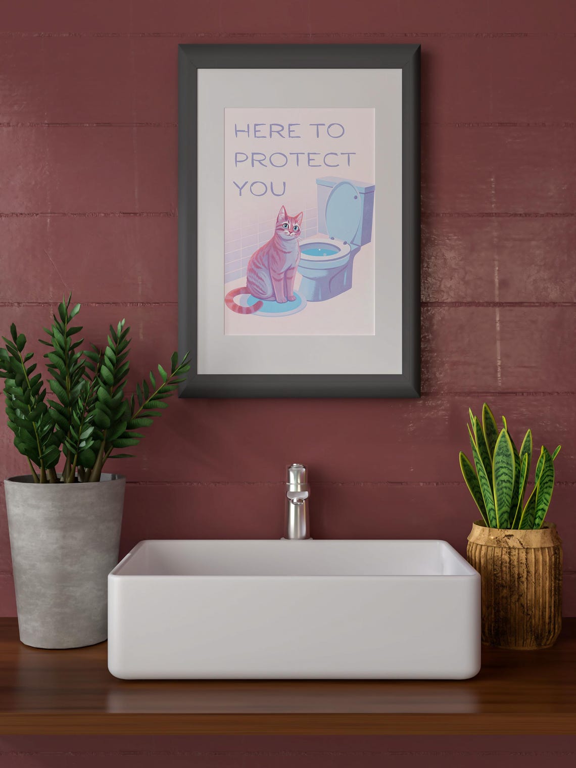 Here To Protect You Funny Cat Blue Bathroom Quote Trendy Wall Poster - Image 2