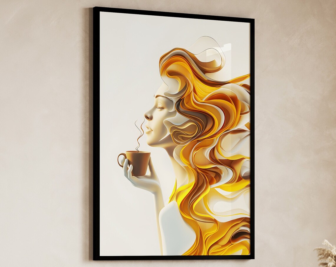 Golden Abstract Woman Profile Holding Coffee Cup 3D Art Poster