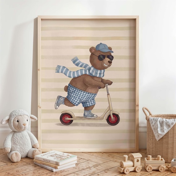 Cool Bear Riding Scooter With Sunglasses Cute Nursery Animal Poster