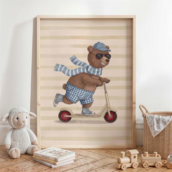 Scooter Bear Nursery Wall Art Print Cute Animal Poster Boy Baby Room Decor Gender Neutral Kids