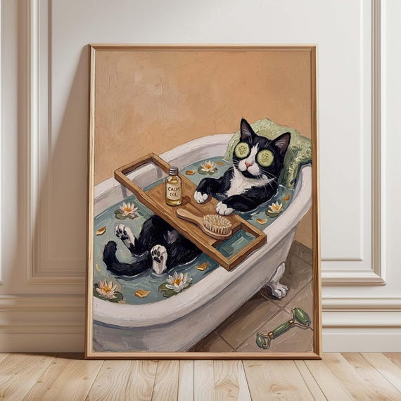 Black And White Cat Bathroom Wall Art Print