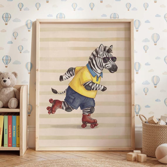 Zebra Roller Skate Nursery Decor, Animal Poster