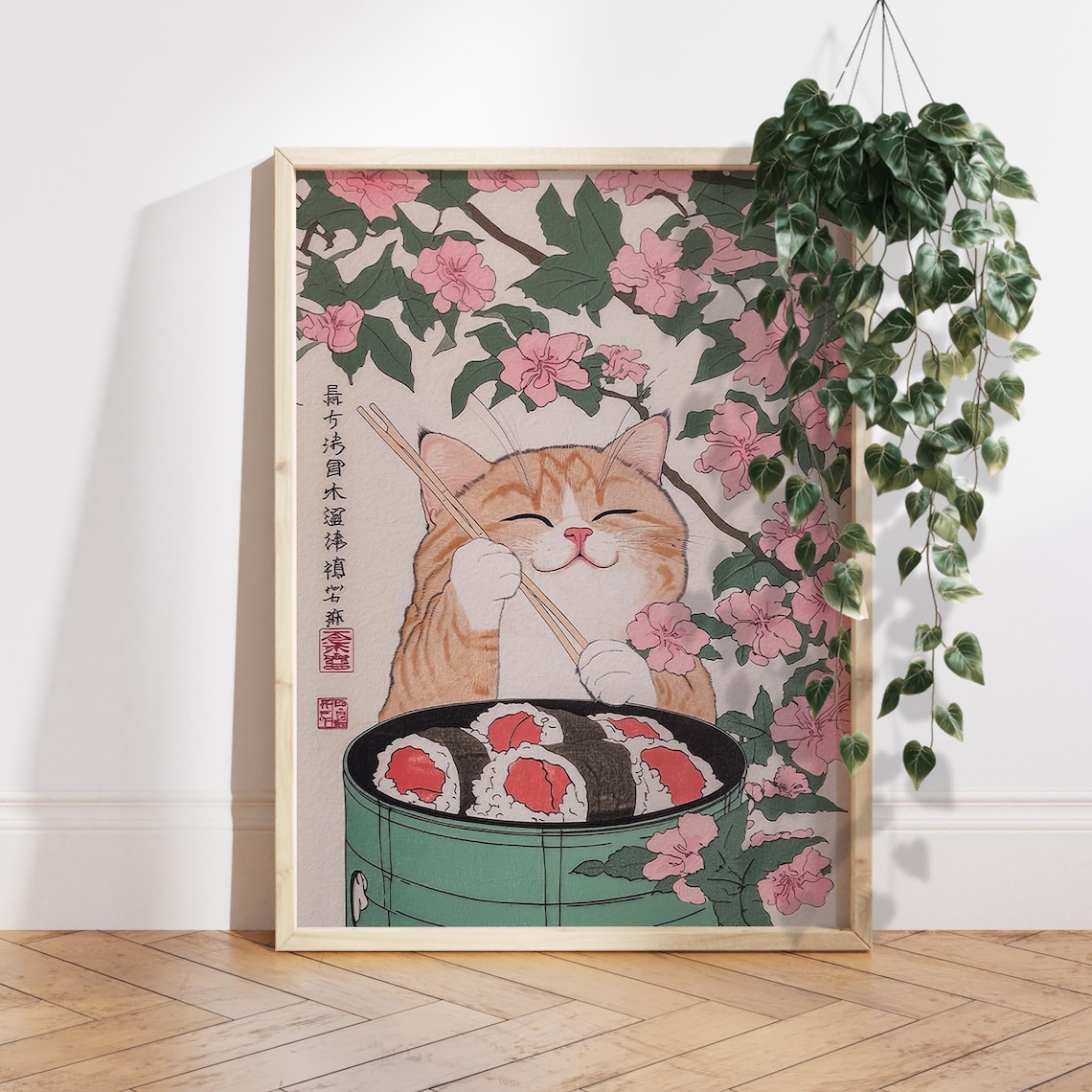 Japanese Orange Cat and Sushi, Minimalist Art Print