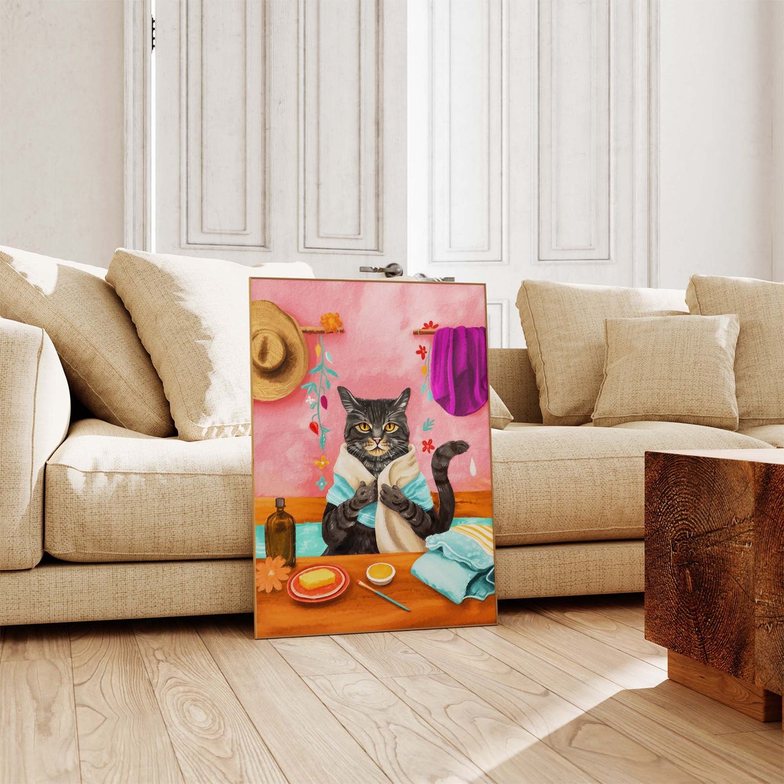 Black Cat Enjoying a Spa Day with Towel and Soap in Pink Room Poster - Image 3