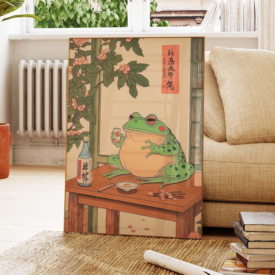 Chubby Green Frog Drinking Sake Japanese Woodblock Art Poster - Image 4