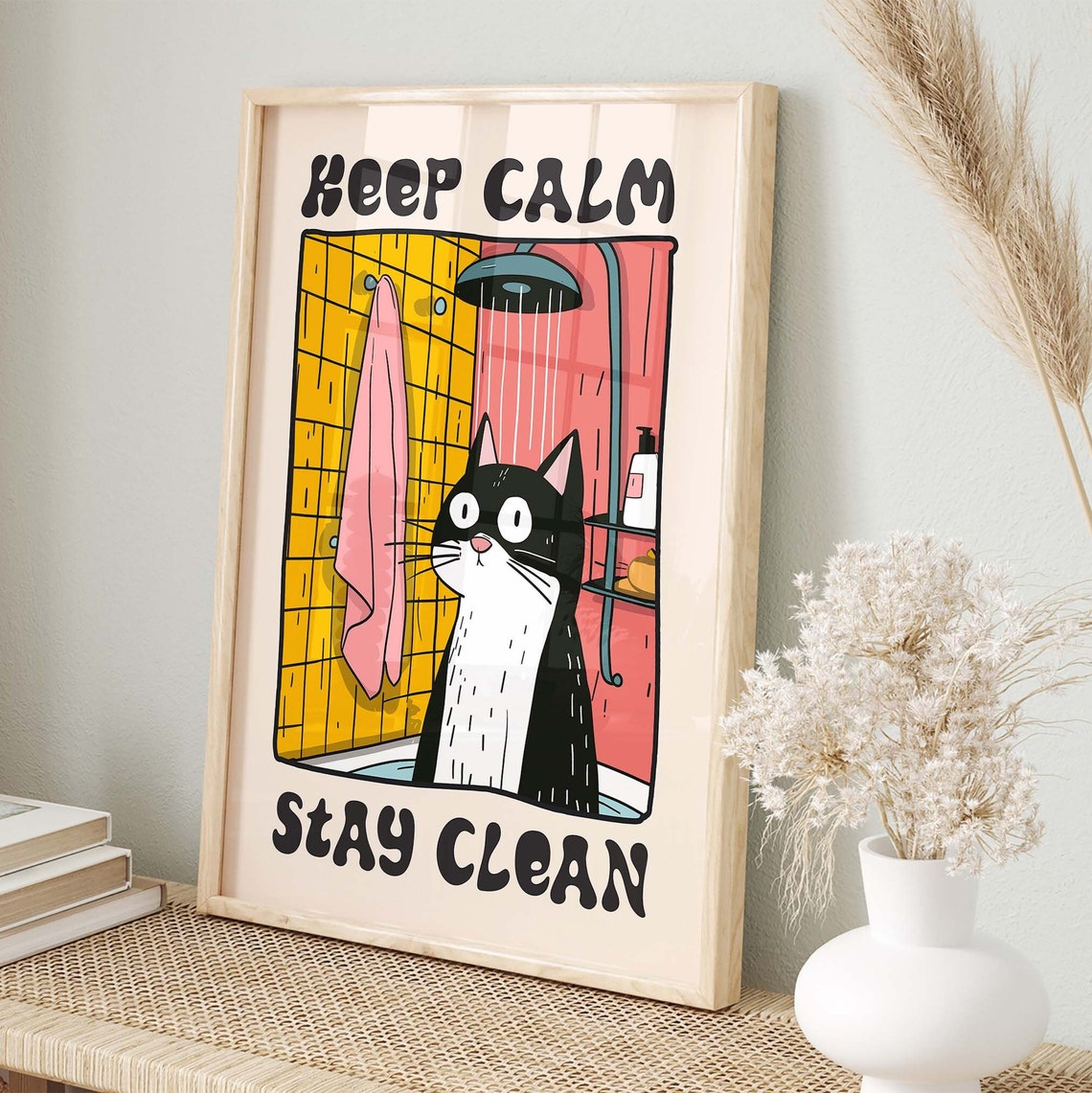 Keep Calm Stay Clean Cartoon Cat In Shower Retro Bathroom Poster - Image 3