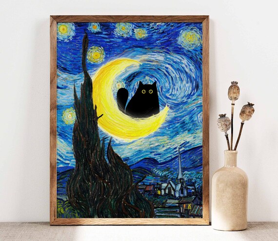 Van Gogh Starry Night Black Cat Sitting On Crescent Moon Poster