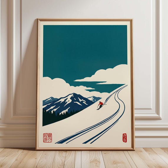 Japanese Inspired Ski Mountain, Minimalist Alpine Poster