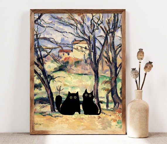 Two Black Cats Among Trees Cezanne Inspired Landscape With Houses Poster