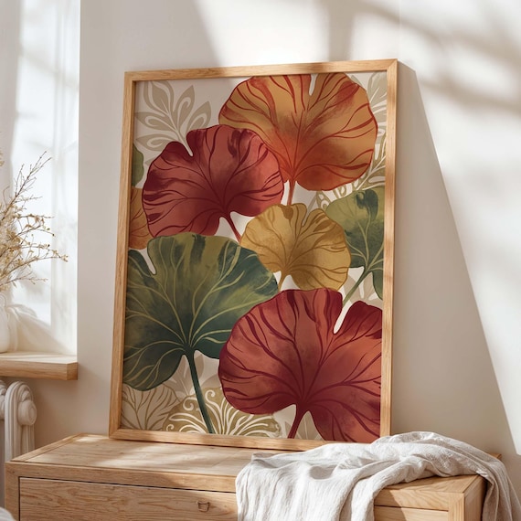 Terracotta Sage Botanical Leaf Watercolor Autumn Foliage Art Poster