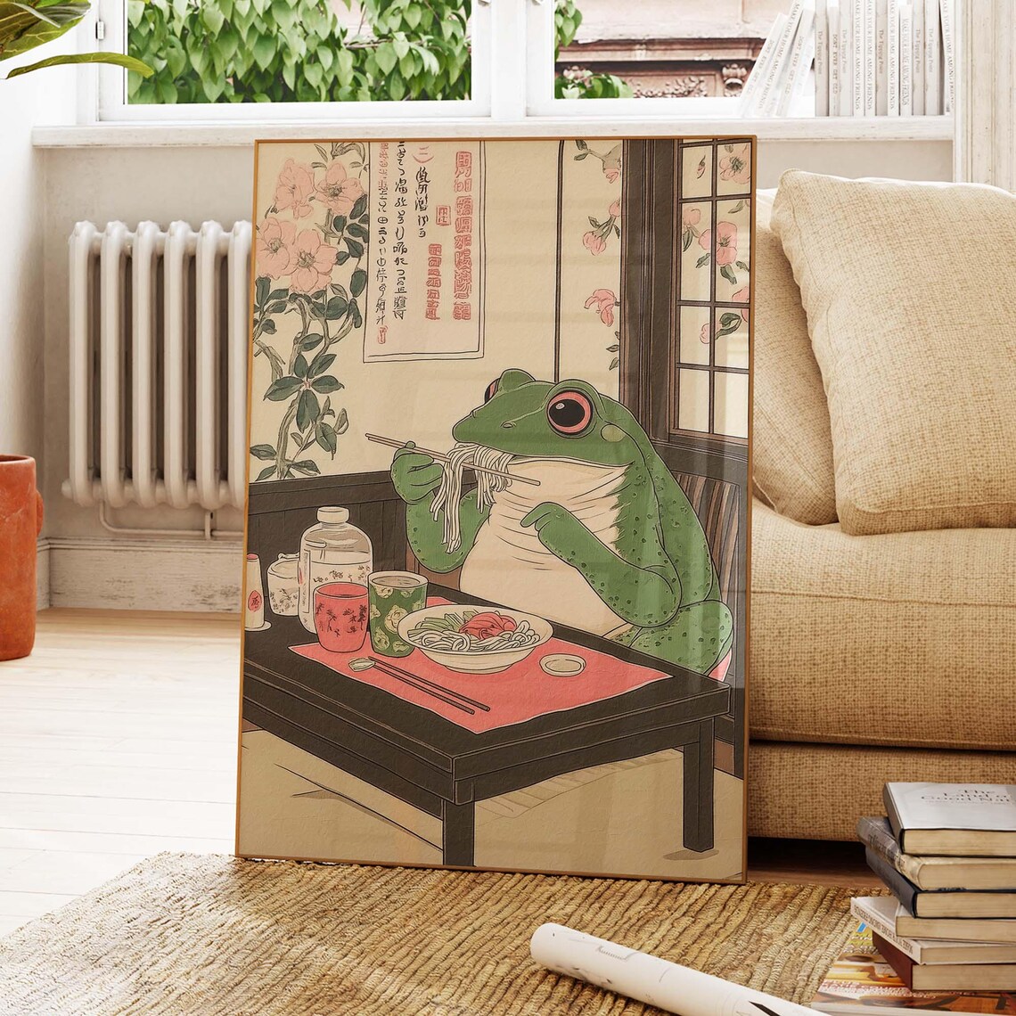 Big Frog Eating Ramen Noodles Japanese Woodblock Humor Poster - Image 4
