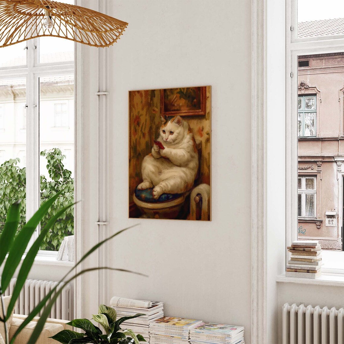 Chubby Cat Sitting On Toilet Scrolling Smartphone Funny Bathroom Poster - Image 2