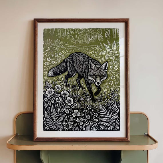 Fox Wall Art Print Woodland Linocut Poster Olive Green Wildlife Decor Folk Nature Block