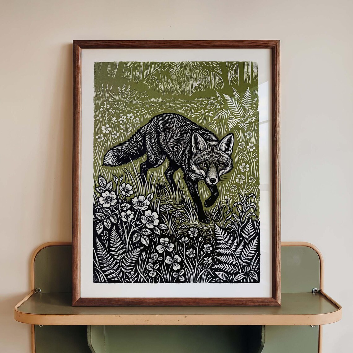 Fox Prowling Wildflower Meadow Olive Green Linocut Woodland Poster