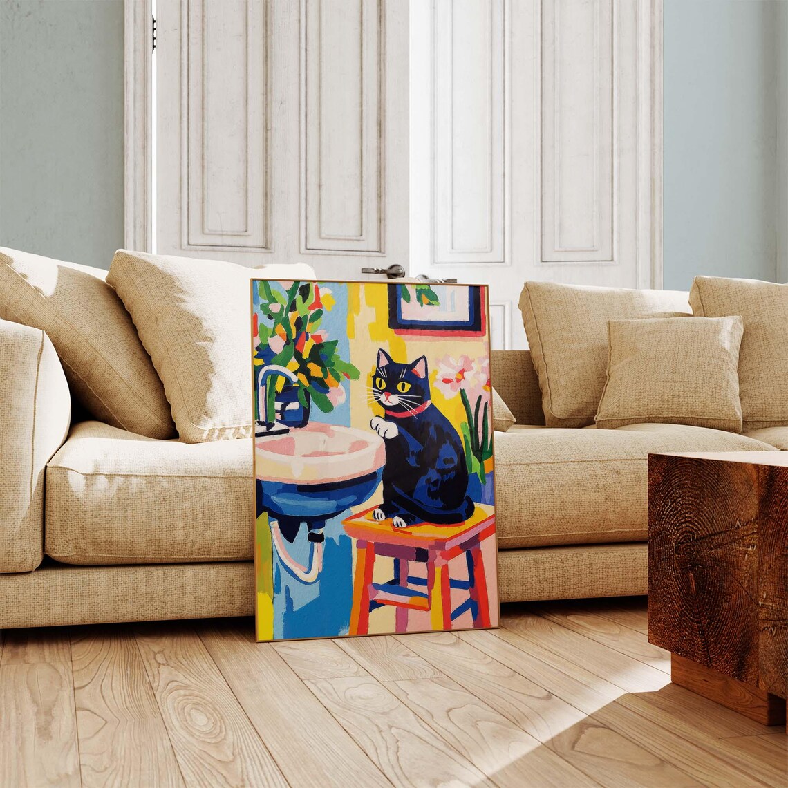 Black Cat Washing Paws At A Pink Bathroom Sink Colorful Modern Art Poster - Image 4
