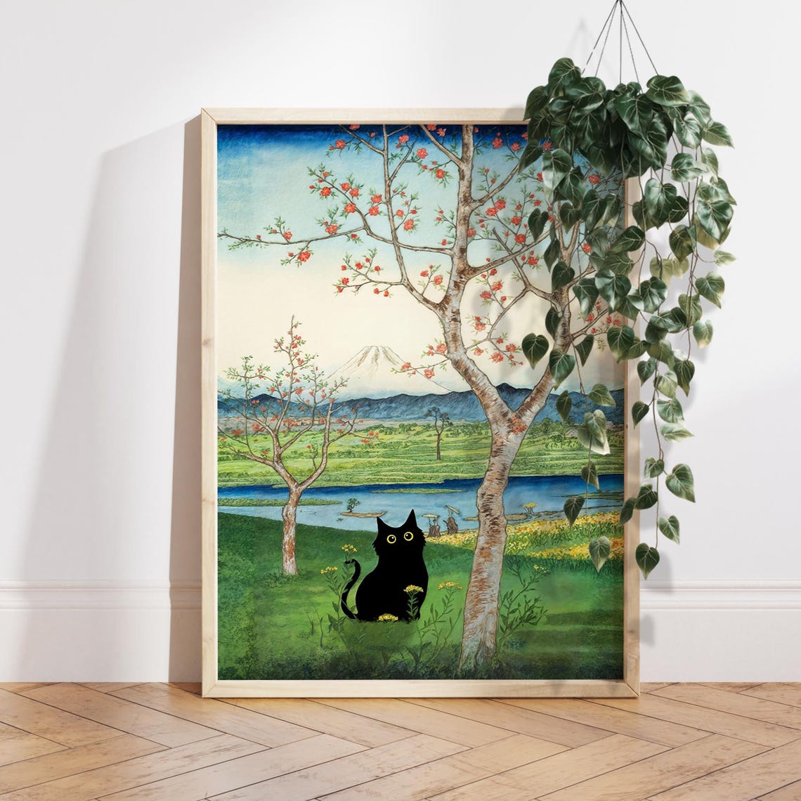 Japanese Style Black Cat Mount Fuji Flower Meadow Art Poster