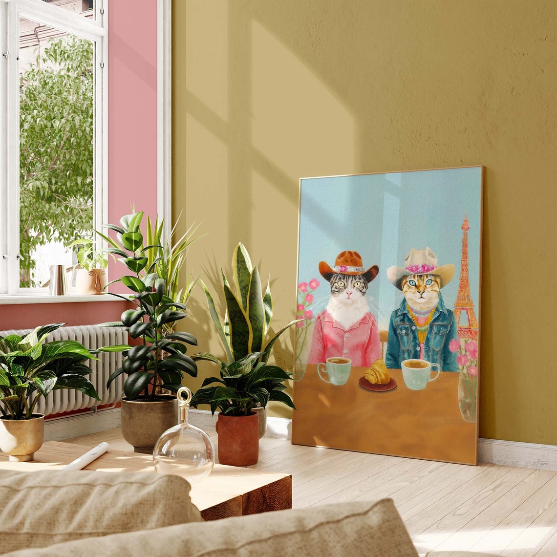 Two Cowboy Cats Having Coffee and Croissants in Paris Poster - Image 3