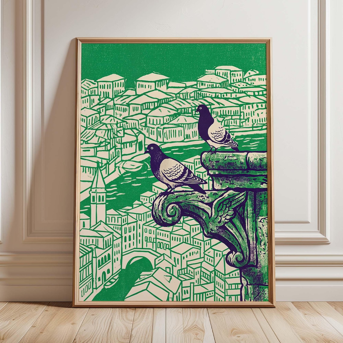 Pigeon Vintage Travel Poster, European Cityscape Decor