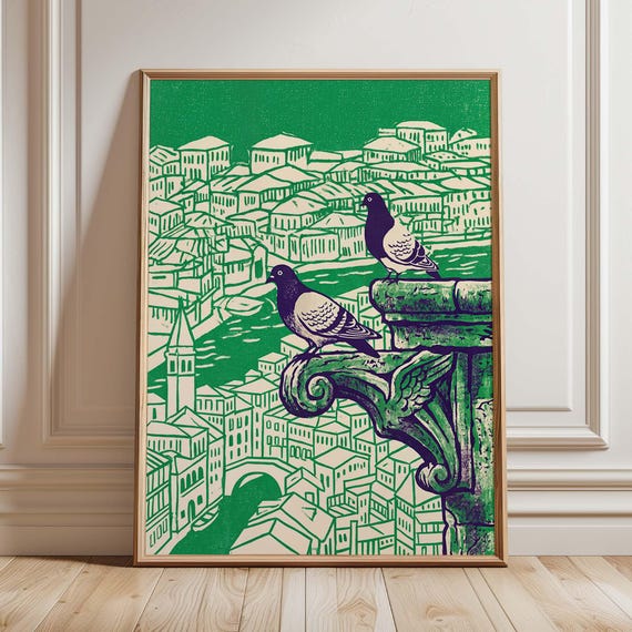 Pigeon Vintage Travel Poster, European Cityscape Decor
